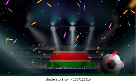 Fans hold the flag of Kenya among silhouette of crowd audience in soccer stadium with confetti to celebrate football game. Concept design for football result template