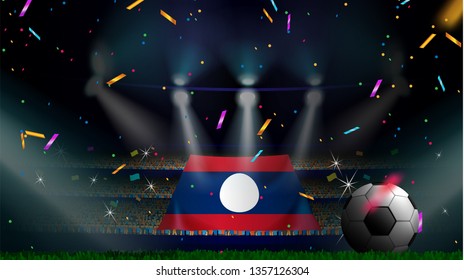 Fans hold the flag of Laos among silhouette of crowd audience in soccer stadium with confetti to celebrate football game. Concept design for football result template