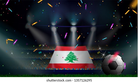 Fans hold the flag of Lebanon among silhouette of crowd audience in soccer stadium with confetti to celebrate football game. Concept design for football result template