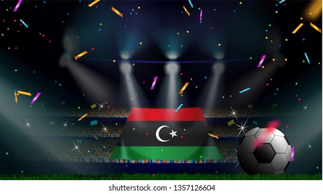 Fans hold the flag of Libya among silhouette of crowd audience in soccer stadium with confetti to celebrate football game. Concept design for football result template