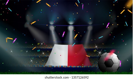 Fans hold the flag of Malta among silhouette of crowd audience in soccer stadium with confetti to celebrate football game. Concept design for football result template