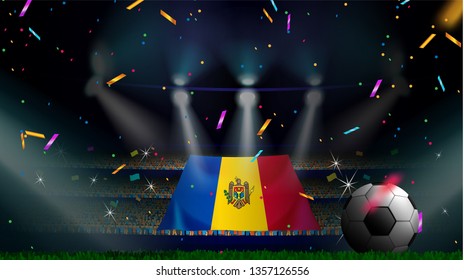 Fans hold the flag of Moldova among silhouette of crowd audience in soccer stadium with confetti to celebrate football game. Concept design for football result template
