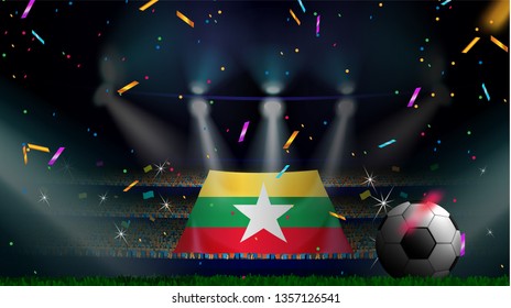 Fans hold the flag of Myanmar among silhouette of crowd audience in soccer stadium with confetti to celebrate football game. Concept design for football result template