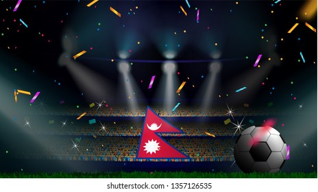 Fans hold the flag of Nepal among silhouette of crowd audience in soccer stadium with confetti to celebrate football game. Concept design for football result template