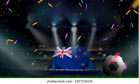 Fans hold the flag of New Zealand among silhouette of crowd audience in soccer stadium with confetti to celebrate football game. Concept design for football result template