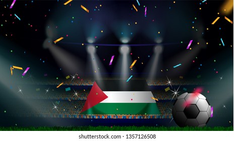 Fans hold the flag of Palestine among silhouette of crowd audience in soccer stadium with confetti to celebrate football game. Concept design for football result template