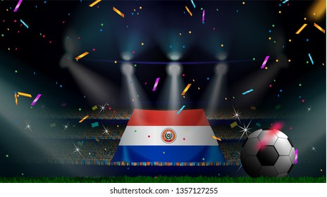 Fans hold the flag of Paraguay among silhouette of crowd audience in soccer stadium with confetti to celebrate football game. Concept design for football result template