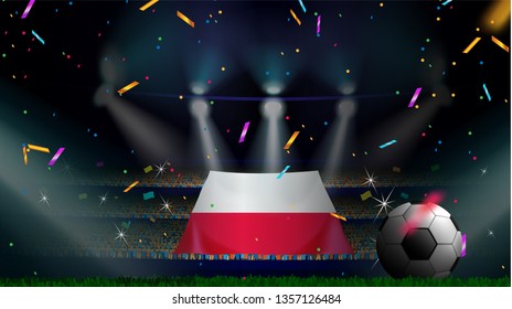 Fans hold the flag of Poland among silhouette of crowd audience in soccer stadium with confetti to celebrate football game. Concept design for football result template