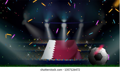 Fans hold the flag of Qatar among silhouette of crowd audience in soccer stadium with confetti to celebrate football game. Concept design for football result template