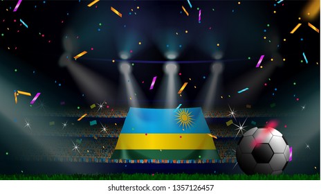 Fans hold the flag of Rwanda among silhouette of crowd audience in soccer stadium with confetti to celebrate football game. Concept design for football result template