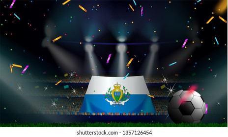 Fans hold the flag of San Marino among silhouette of crowd audience in soccer stadium with confetti to celebrate football game. Concept design for football result template