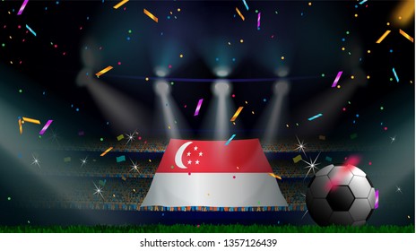 Fans hold the flag of Singapore among silhouette of crowd audience in soccer stadium with confetti to celebrate football game. Concept design for football result template