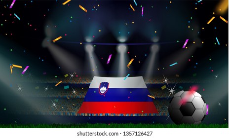 Fans hold the flag of Slovenia among silhouette of crowd audience in soccer stadium with confetti to celebrate football game. Concept design for football result template