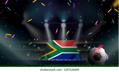 Fans hold the flag of South Africa among silhouette of crowd audience in soccer stadium with confetti to celebrate football game. Concept design for football result template