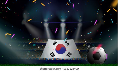 Fans hold the flag of South Korea among silhouette of crowd audience in soccer stadium with confetti to celebrate football game. Concept design for football result template