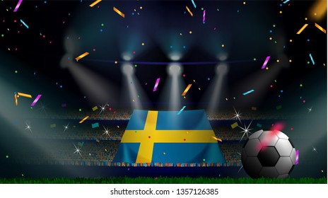 Fans hold the flag of Sweden among silhouette of crowd audience in soccer stadium with confetti to celebrate football game. Concept design for football result template