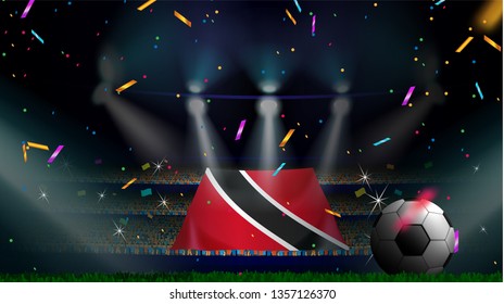 Fans hold the flag of Trinidad and Tobago among silhouette of crowd audience in soccer stadium with confetti to celebrate football game. Concept design football result template