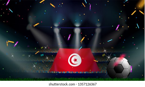 Fans hold the flag of Tunisia among silhouette of crowd audience in soccer stadium with confetti to celebrate football game. Concept design for football result template