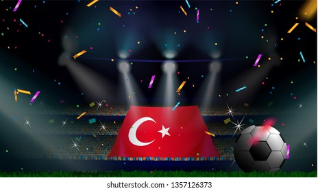 Fans hold the flag of Turkey among silhouette of crowd audience in soccer stadium with confetti to celebrate football game. Concept design for football result template