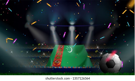 Fans hold the flag of Turkmenistan among silhouette of crowd audience in soccer stadium with confetti to celebrate football game. Concept design for football result template