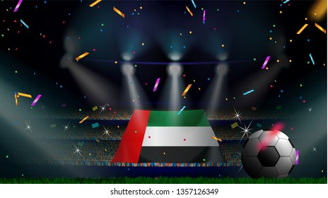 Fans hold the flag of United Arab Emirates among silhouette of crowd audience in soccer stadium with confetti to celebrate football game. Concept design for football