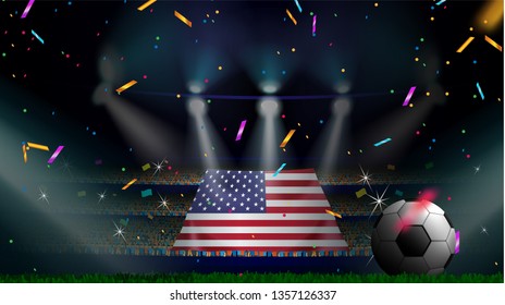 Fans hold the flag of USA among silhouette of crowd audience in soccer stadium with confetti to celebrate football game. Concept design for football result template