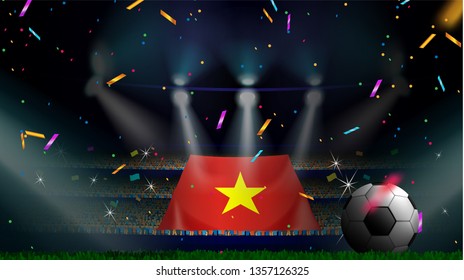 Fans hold the flag of Vietnam among silhouette of crowd audience in soccer stadium with confetti to celebrate football game. Concept design for football result template
