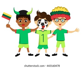 Fans of Lithuania national football team, sports. Boys with flags in the colors of the national command with sports paraphernalia, wigs, hats, horns, motivational posters.
