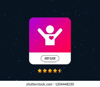 Fans love icon. Man raised hands up sign. Web or internet icon design. Rating stars. Just click button. Vector