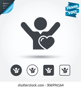 Fans love icon. Man raised hands up sign. Circle and square buttons. Flat design set. Thank you ribbon. Vector