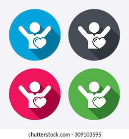 Fans love icon. Man raised hands up sign. Circle buttons with long shadow. Vector