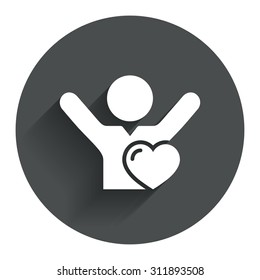 Fans love icon. Man raised hands up sign. Circle flat button with shadow. Modern UI website navigation. Vector