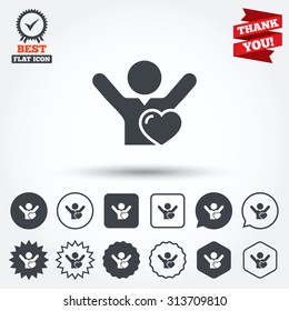Fans love icon. Man raised hands up sign. Circle, star, speech bubble and square buttons. Award medal with check mark. Thank you. Vector
