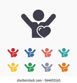 Fans love icon. Man raised hands up sign. Colored flat icons on white background.