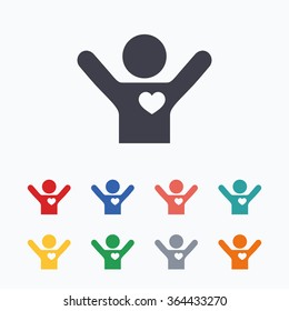 Fans love icon. Man raised hands up sign. Colored flat icons on white background.