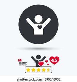 Fans Love Icon. Man Raised Hands Up Sign. Star Vote Ranking. Client Or Customer Like. Quotes With Message. Vector