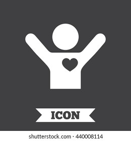 Fans love icon. Man raised hands up sign. Graphic design element. Flat fan love symbol on dark background. Vector