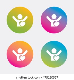 Fans love icon. Man raised hands up sign. Gradient flat buttons with icon. Modern design. Vector