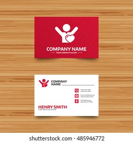 Fans love icon. Man raised hands up sign. Business card template with phone, globe and pointer icons. Visiting card design. Vector
