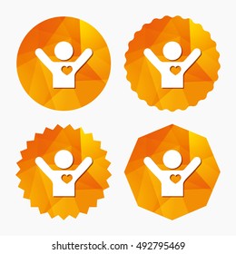 Fans love icon. Man raised hands up sign. Triangular low poly buttons with flat icon. Vector