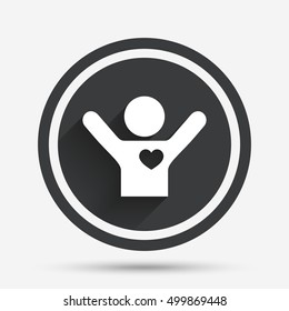 Fans love icon. Man raised hands up sign. Circle flat button with shadow and border. Vector