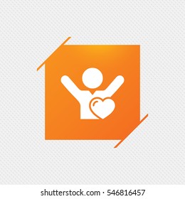 Fans love icon. Man raised hands up sign. Orange square label on pattern. Vector