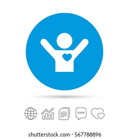 Fans love icon. Man raised hands up sign. Copy files, chat speech bubble and chart web icons. Vector