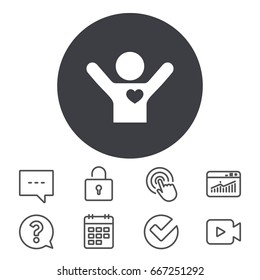 Fans love icon. Man raised hands up sign. Calendar, Locker and Speech bubble line signs. Video camera, Statistics and Question icons. Vector