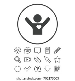 Fans love icon. Man raised hands up sign. Document, Chat and Paper clip line signs. Question, Pencil and Calendar line icons. Star, Download and Shopping cart. Vector