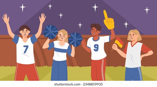 Hinchas en el concepto de partidos. Hombres y mujeres apoyan al equipo en torneos y competencias. Niños y niñas viendo un evento deportivo. Simpatizantes con ropa deportiva. Dibujo vectorial plano de dibujos animados