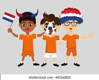 Fans of Netherlands national football team, sports. Boys with flags in the colors of the national command with sports paraphernalia, wigs, hats, horns, motivational posters.