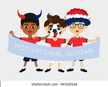 Fans of Norway national football team, sports. Boys with flags in the colors of the national command with sports paraphernalia, wigs, hats, horns, motivational posters.