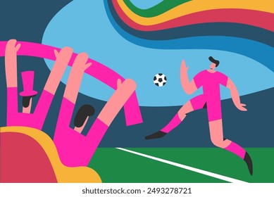 Fans on stadium Paris 2024. Boy plying football and colorful wavy stripes. Olympic fan on Sport Games. Flat vector illustration.