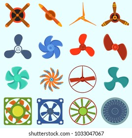 Fans und Propeller Vektortechnologie Symbole isolierte Objekt. Propellerventilator Icons kühlen Lüftungs-Symbol Retro-Kühlschiff Ausrüstung. Propellerfächer für Lüfter-Symbol-Windgeräte